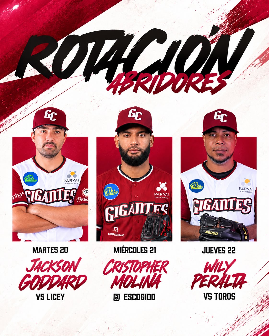 Gigantes del Cibao anuncian rotación abridora para sus próximos tres partidos