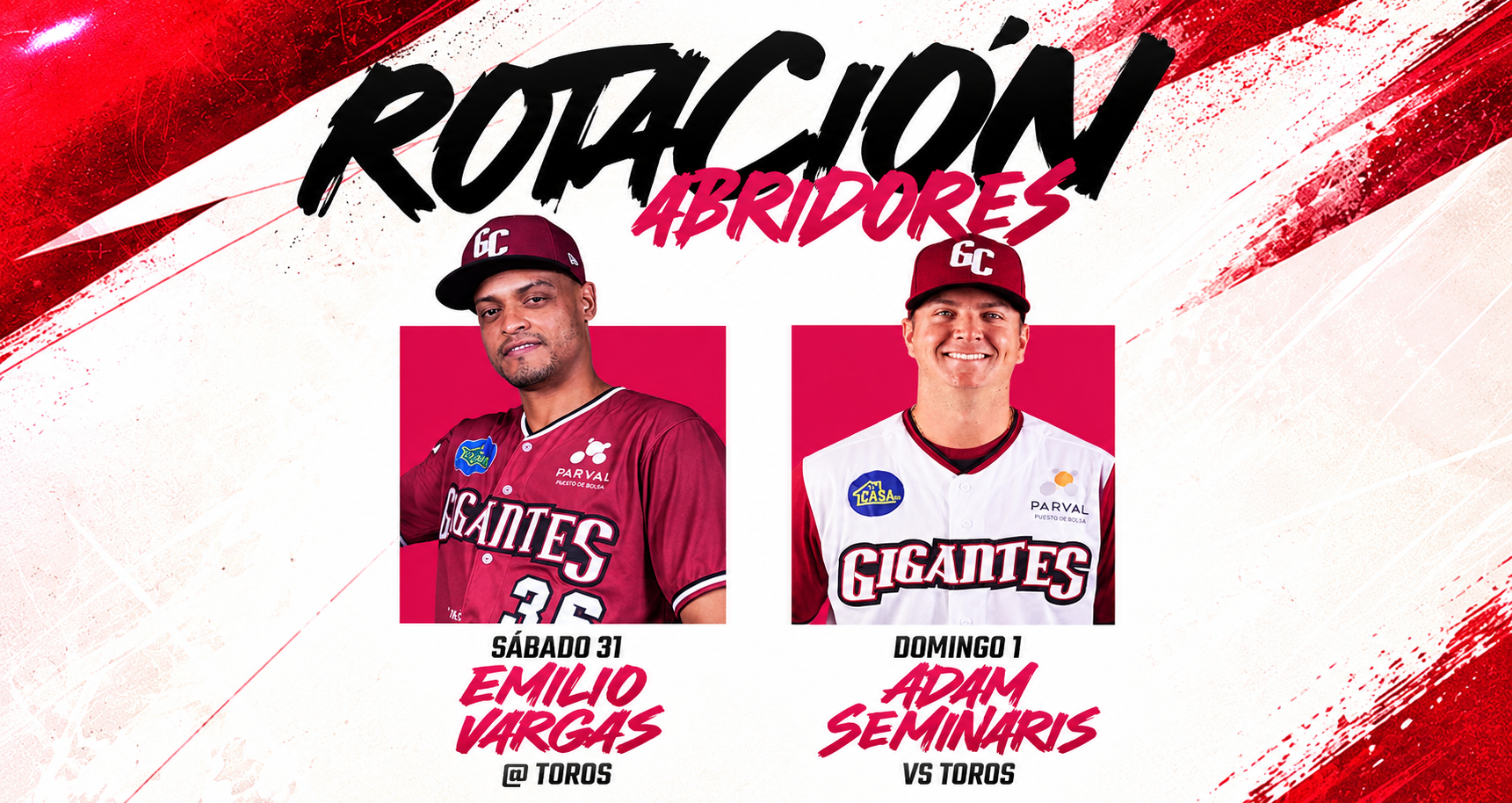 Gigantes del Cibao anuncian a Emilio Vargas y Adam Seminaris como abridores del fin de semana